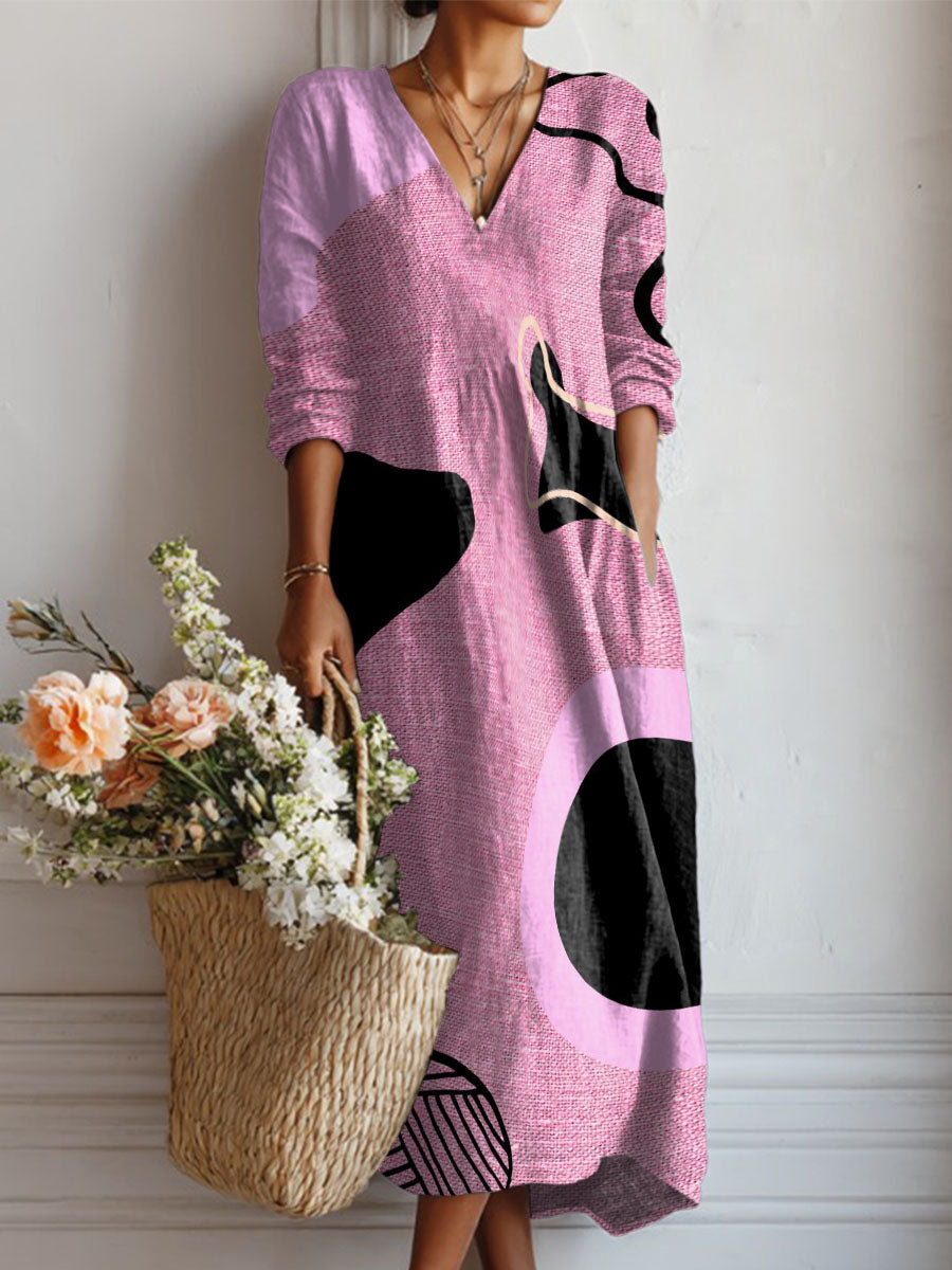 Women's Random Pink Blocks Print Linen Pocket Dress