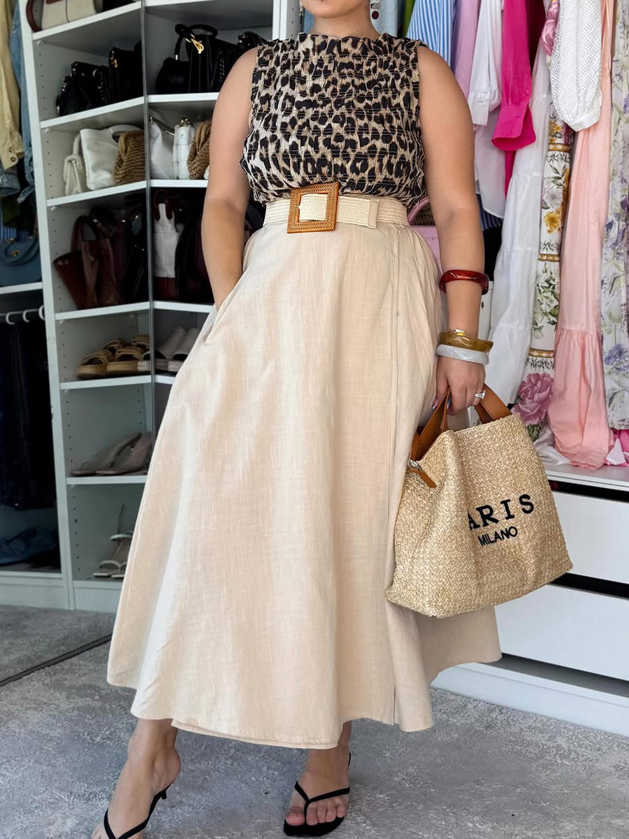 Women's Cotton and Linen Leopard Print Sleeveless Top and Solid Skirt Two-piece Set