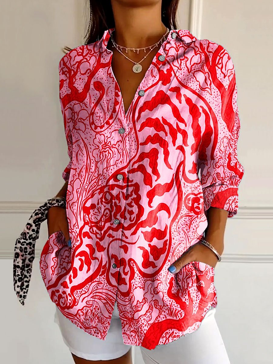 Women's Vintage Vibrant Colorful Abstract Tiger Art Print Casual Cotton Shirt