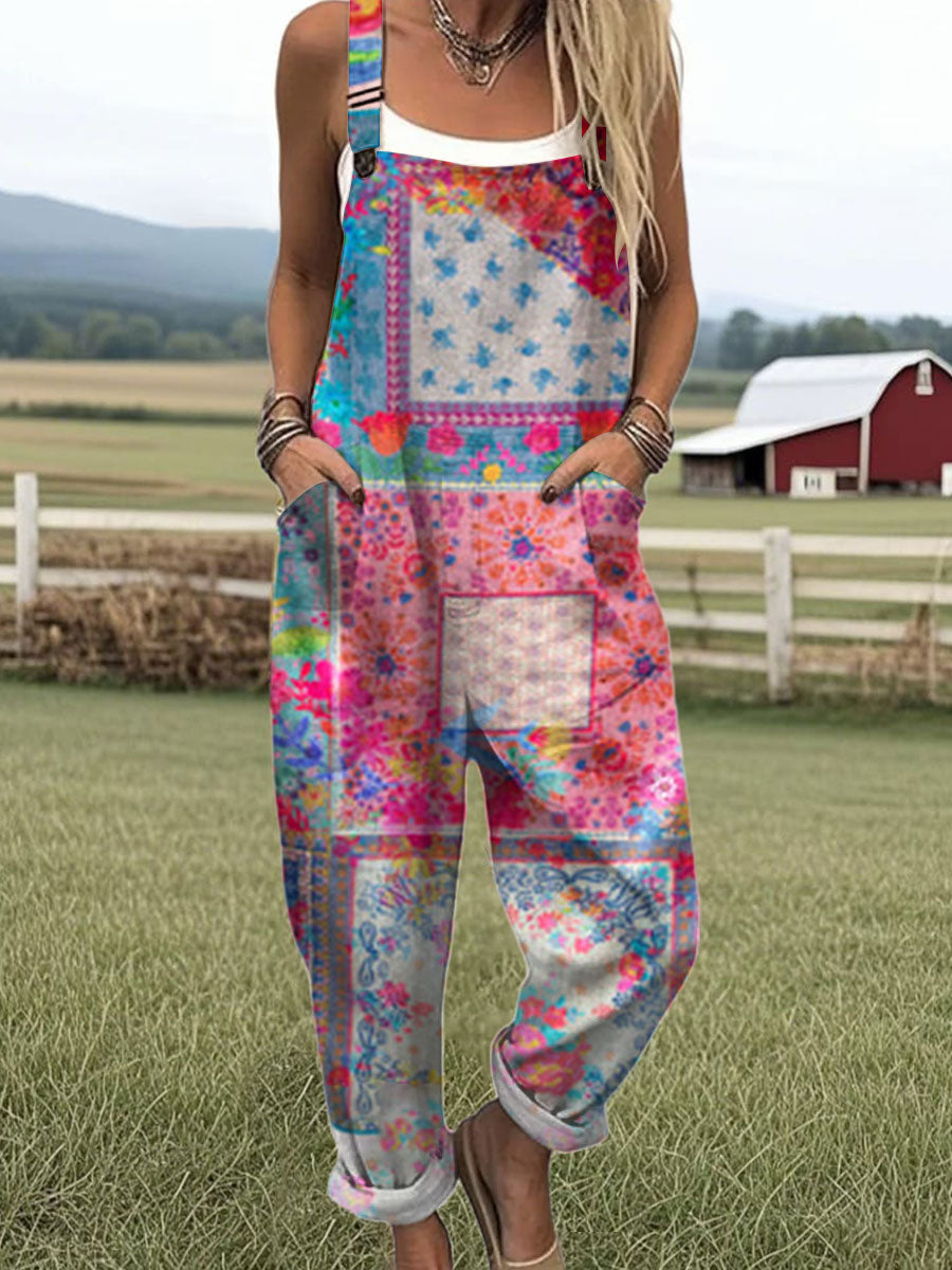 Women's  Patchwork Floral Art Print Casual 100% Cotton Wide Leg Jumpsuit