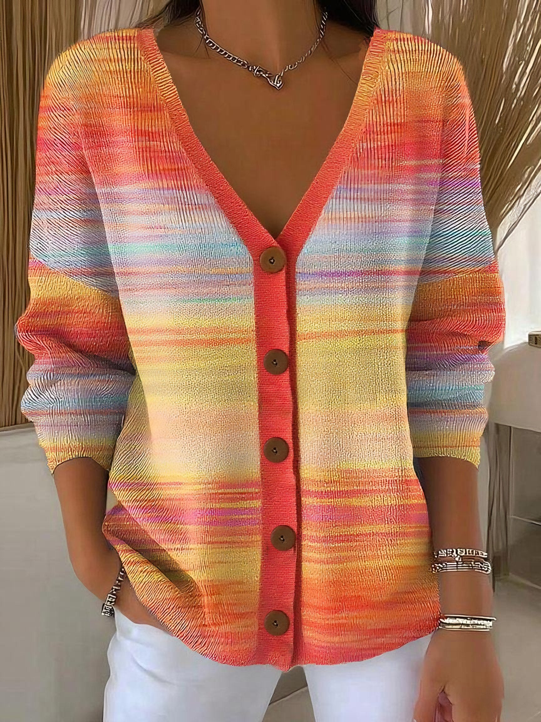 Autumn Gradient Striped Vintage Art Print Buttoned V-neck Cardigan Sweater