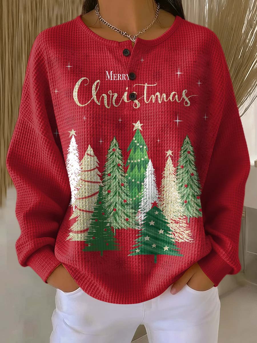 Women's Christmas Tree Pattern Art Print Casual Waffle Henry Collar Sweatshirt