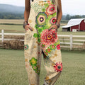 Women's Vintage Floral Pattern Art Print Casual 100% Cotton Wide Leg Jumpsuit