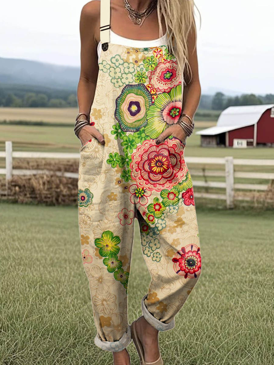 Women's Vintage Floral Pattern Art Print Casual 100% Cotton Wide Leg Jumpsuit