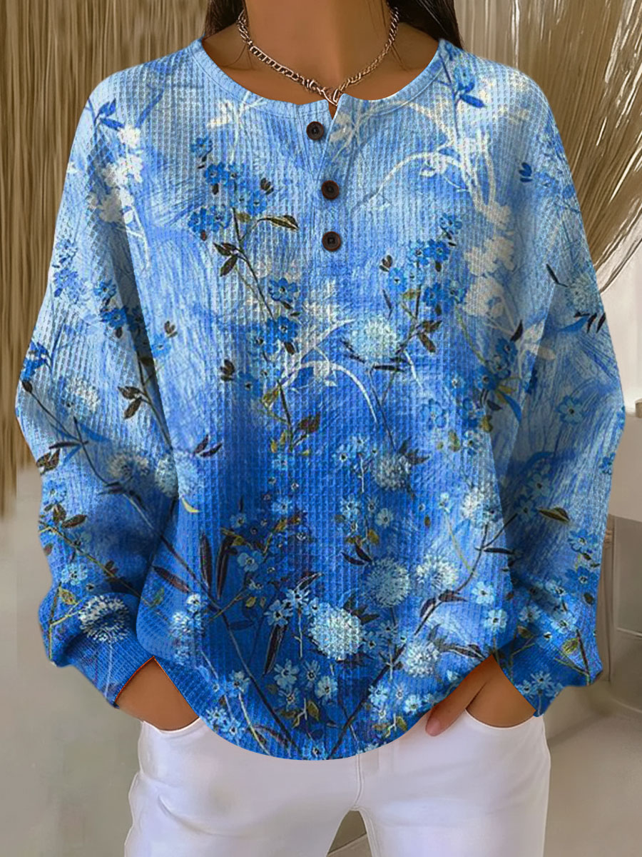 Women's Blue Gradient Flowers Pattern Art Print Casual Cotton Sweatshirt