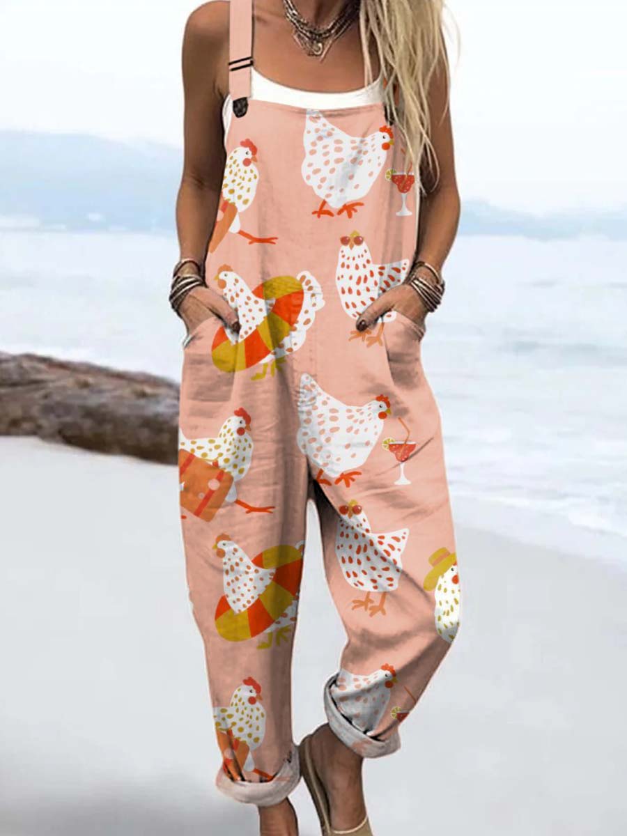 Women's Cute Summer Chicken Flowers Art Print Casual 100% Cotton Wide Leg Jumpsuit