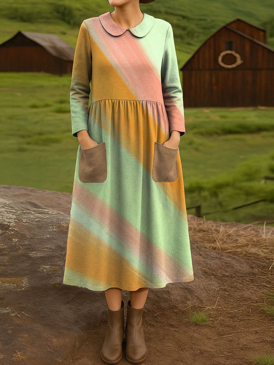 Women's Geometric Patterns Colors Pattern Art Print Cotton Lapel Button-Down Shirt Dress