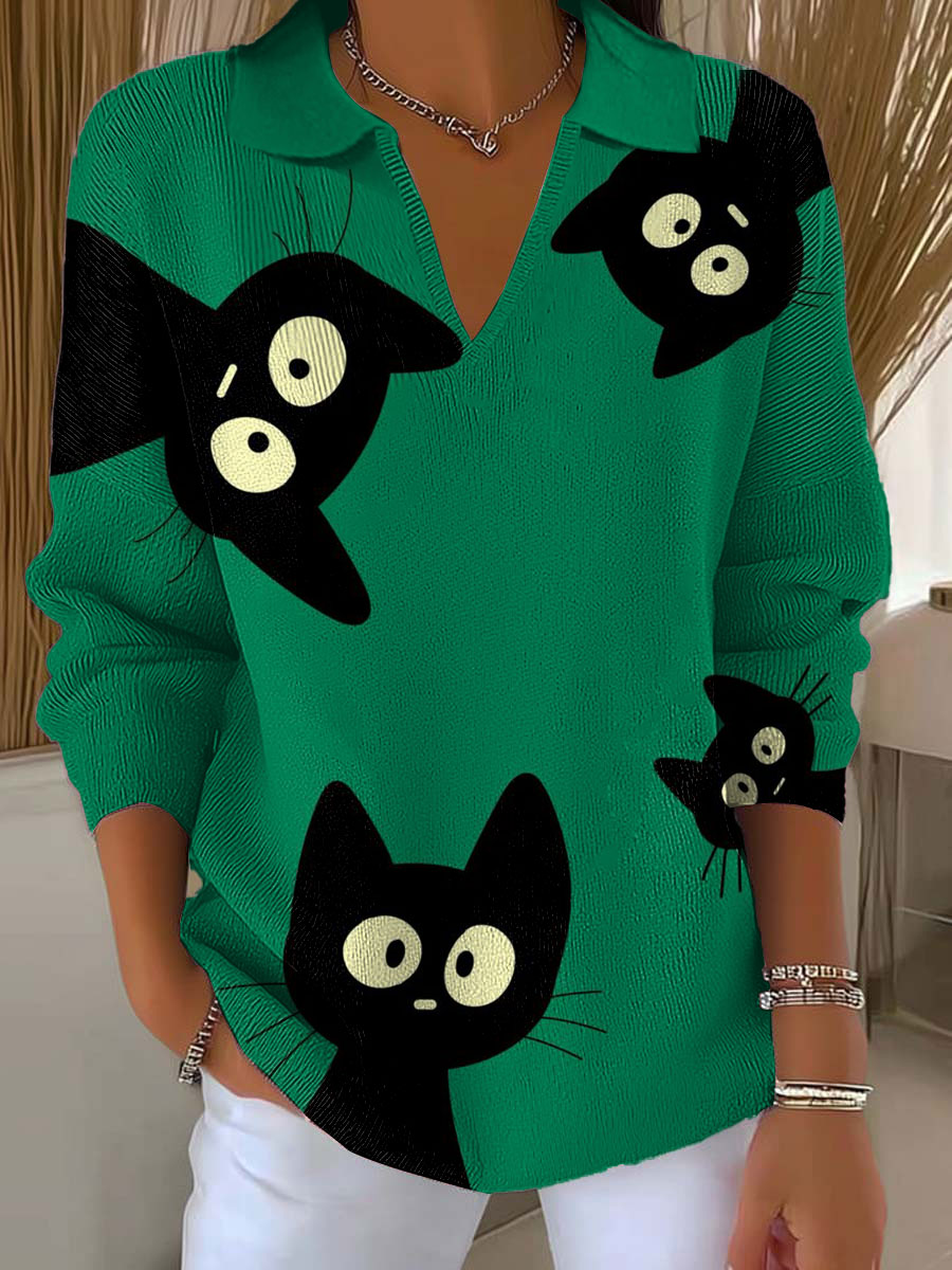 womens-funny-cat-art-printed-casual-sweater