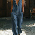 Casual Polo Collar Button-up Denim Jumpsuit
