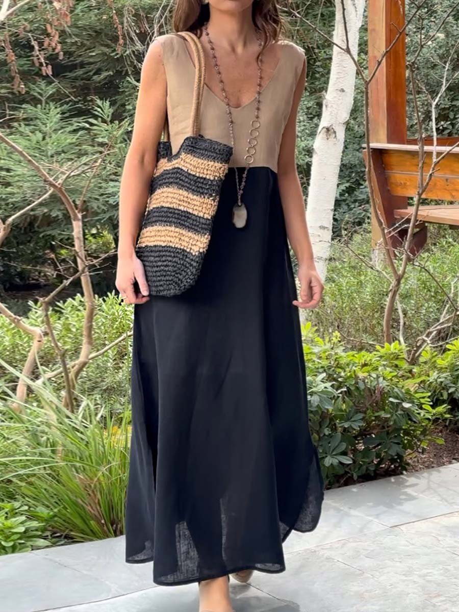 Women's V-neck Sleeveless Contrast Print Casual Cotton and Linen Dress