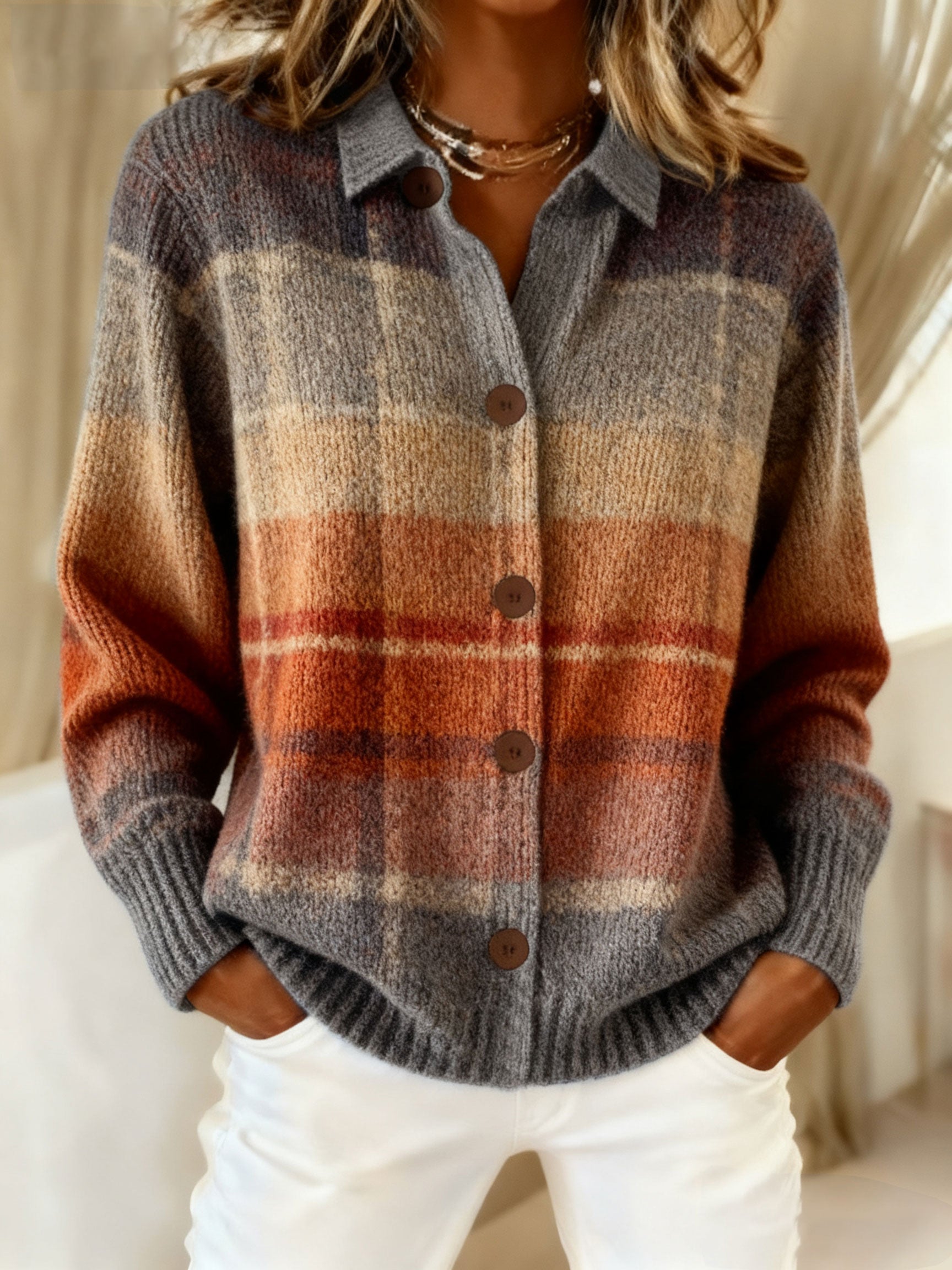 Women's  Vintage Plaid Art Print Casual Sweater