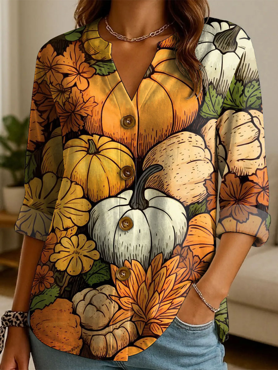Women's Fall Pumpkin Halloween Pattern Print Casual Cotton And Linen Shirt