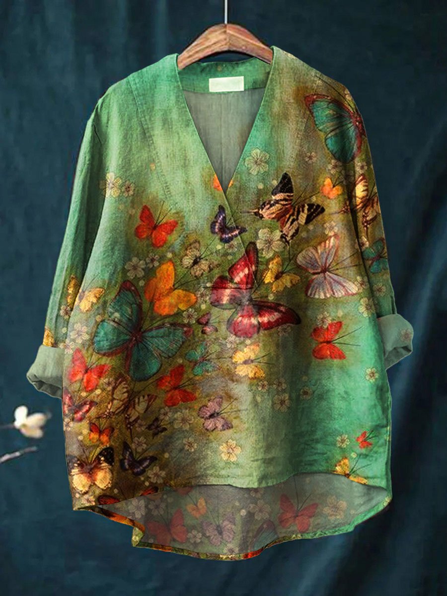 Women's Butterfly Print Casual Cotton And Linen V-neck Shirt