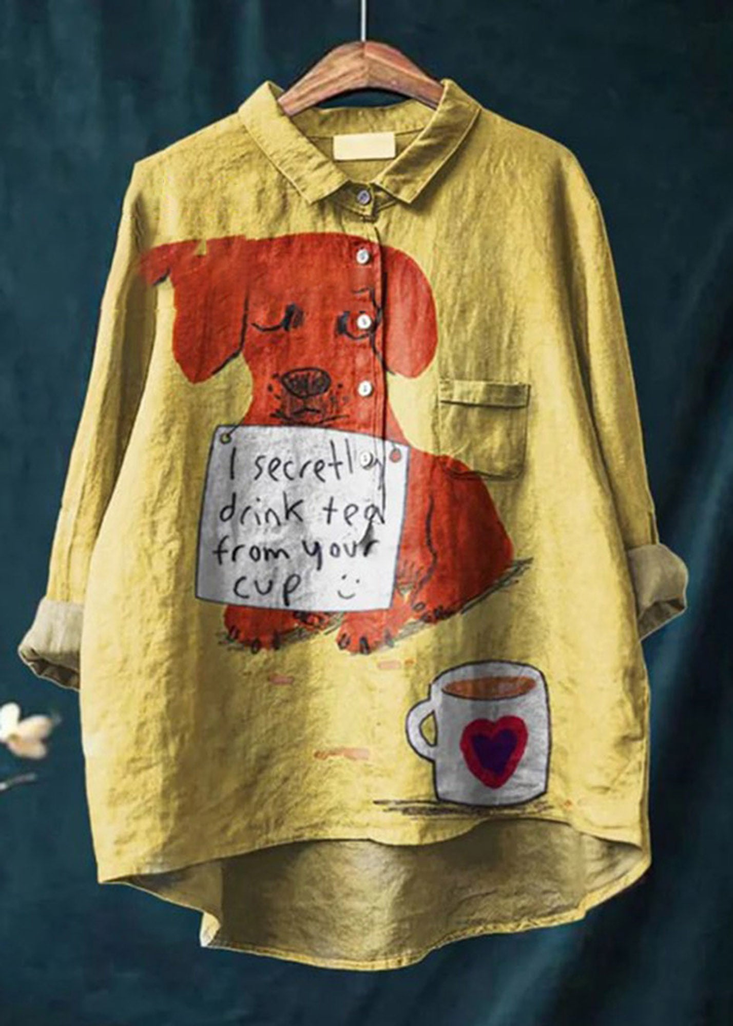 Women's Dog  Art Print Casual Cotton And Linen Shirt