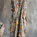 Vintage-Kleid aus Baumwolle mit wunderschönem, ethnischem Blumenmuster, Taschen und V-Ausschnitt 