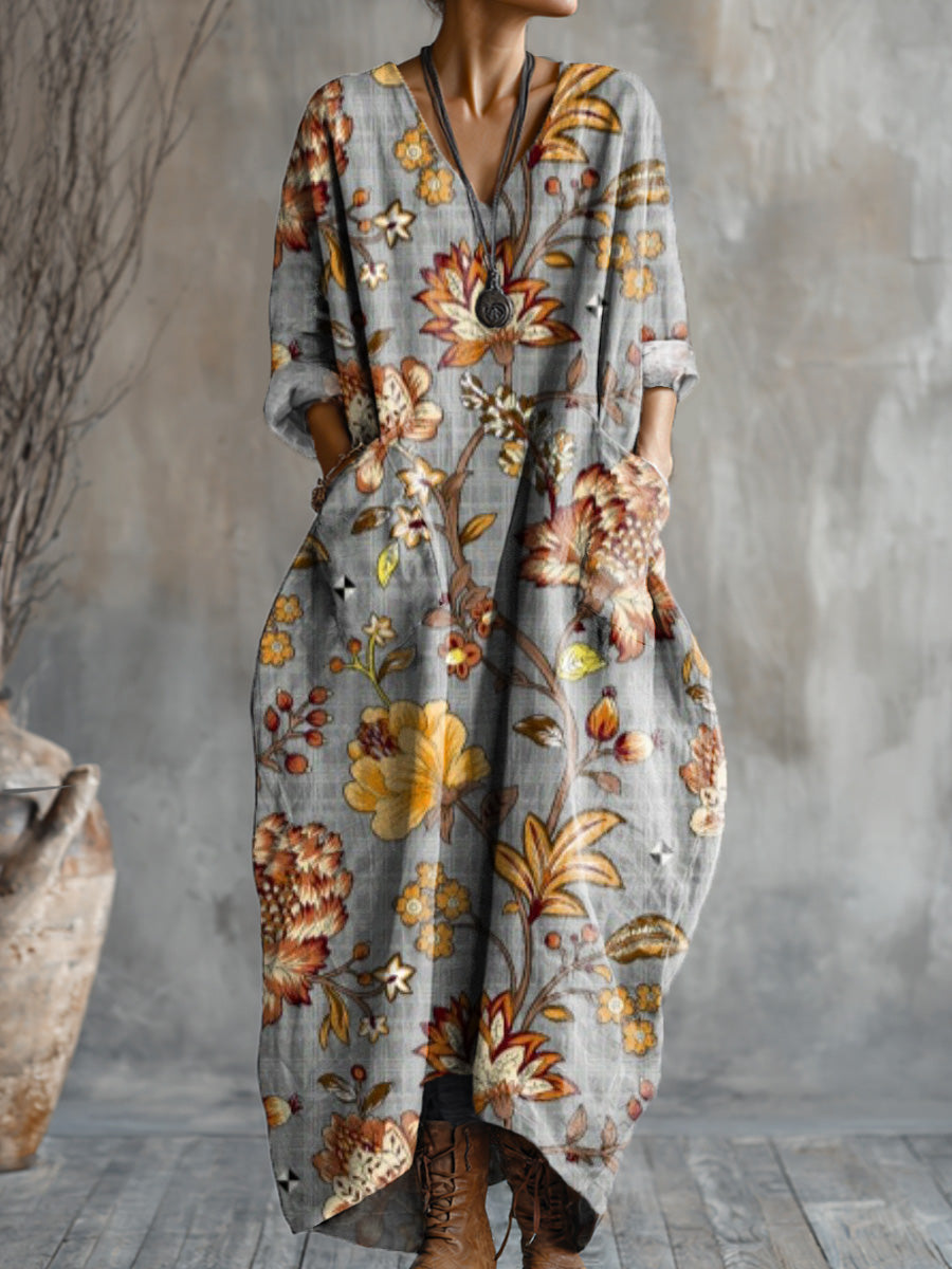 Women's Vintage Ethnic Beautiful Floral Art Print Pocket V-neck Cotton Dress