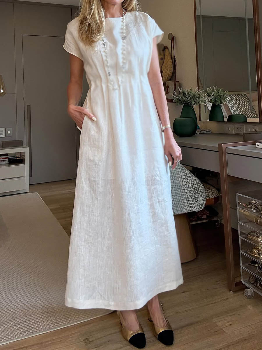 Women's Solid Color Round Neck Short Sleeve Elastic Waist Casual Cotton Dress