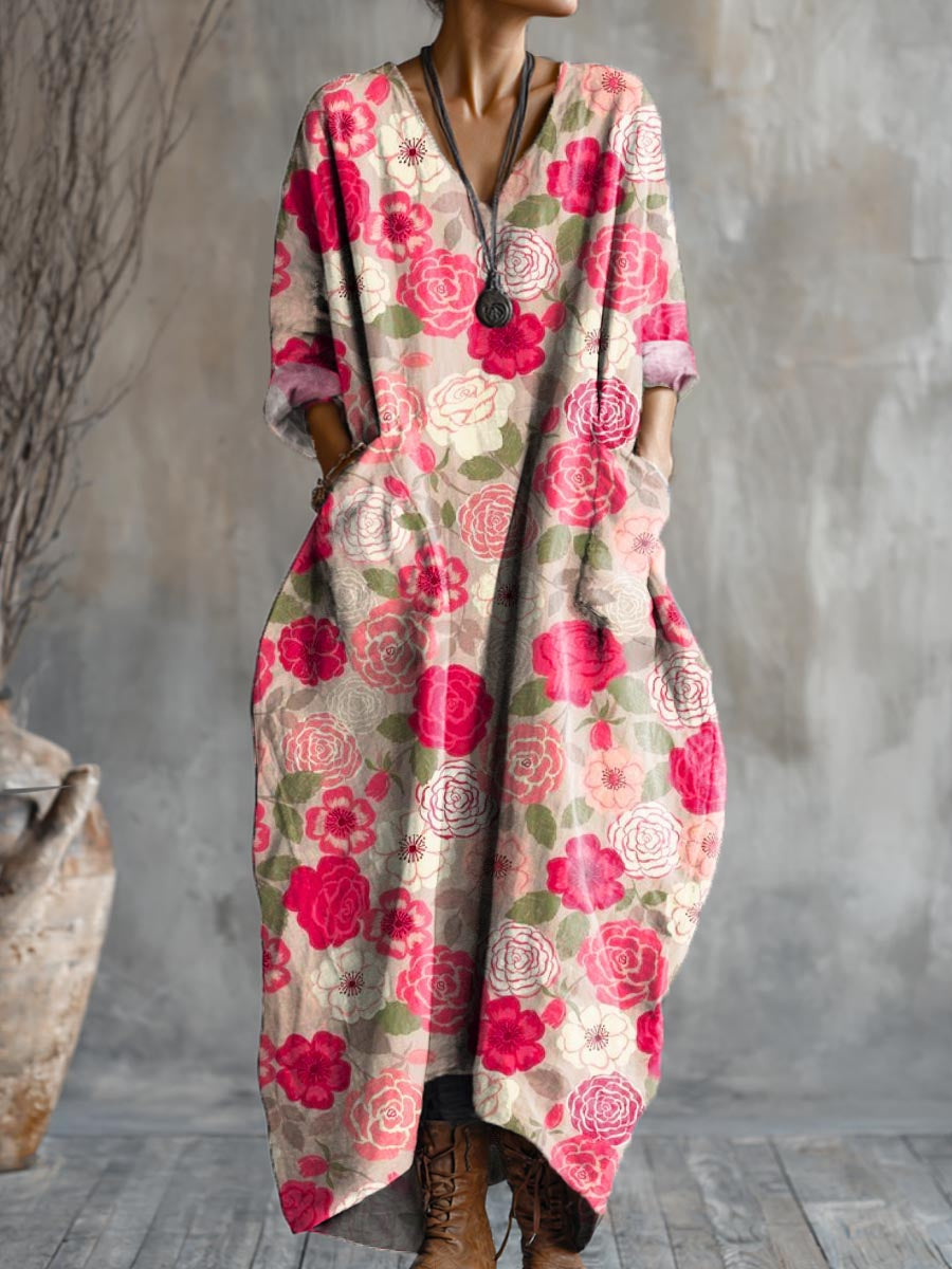Women's Floral Art Pattern Print Pocket V-neck Cotton Dress