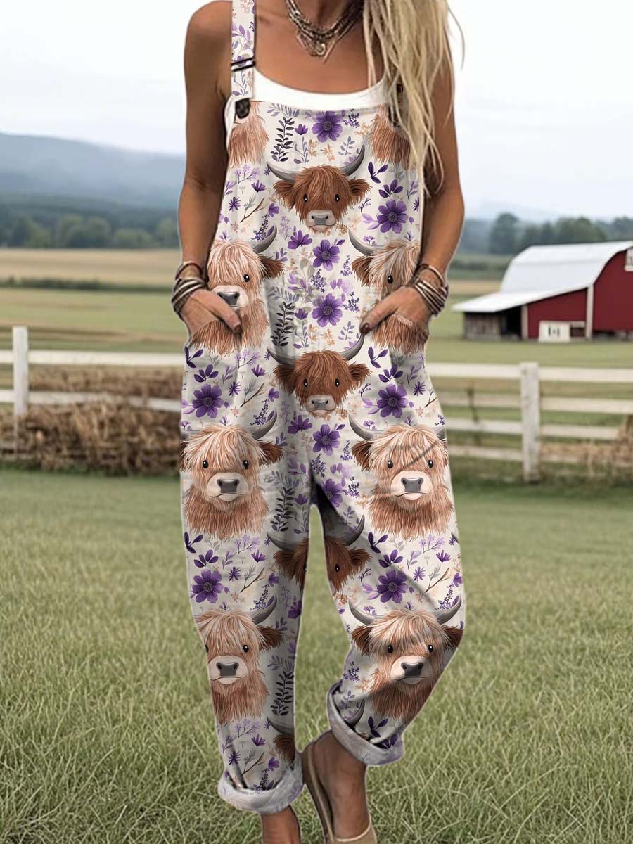 Women's Lovely Cow Pattern Art Print Casual 100% Cotton Wide Leg Jumpsuit