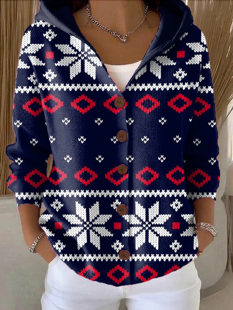 Women's Christmas Mosaic Snowflakes Printed Casual Hooded Button Sweater