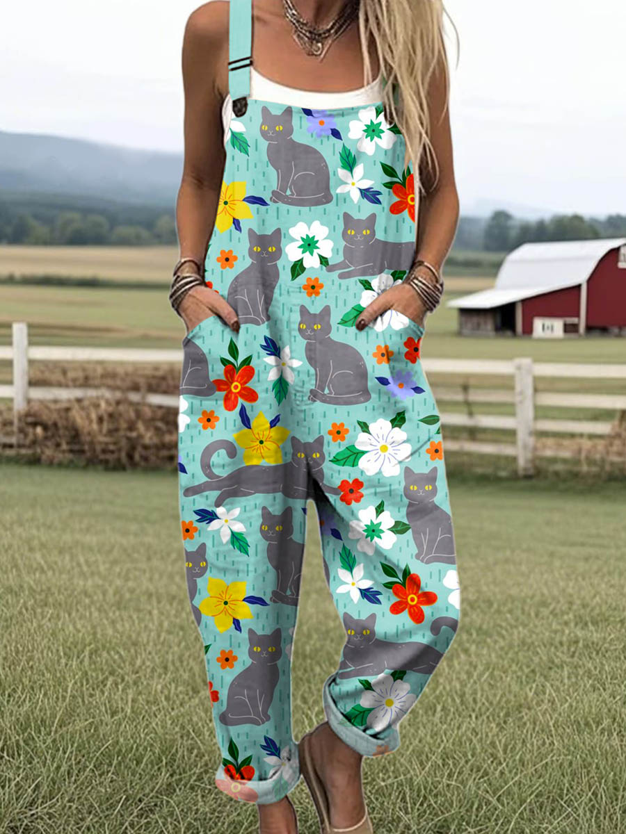 Women's Lovely Cats Floral Art Print Casual 100% Cotton Wide Leg Jumpsuit