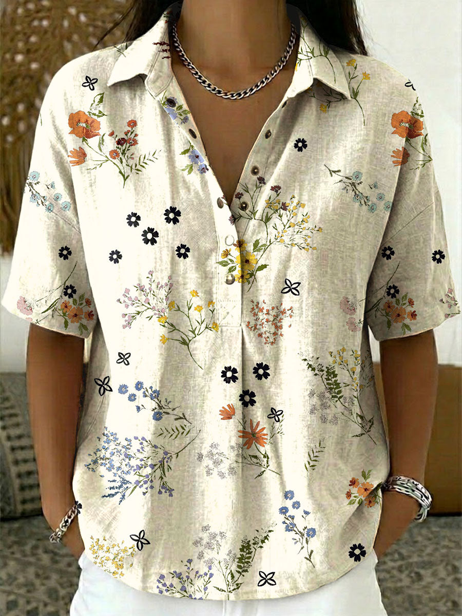 Women's Floral Print Casual Cotton-linen Shirt
