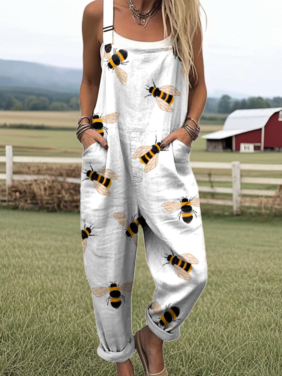 Women's Lovely Bees Pattern Art Print Casual 100% Cotton Wide Leg Jumpsuit