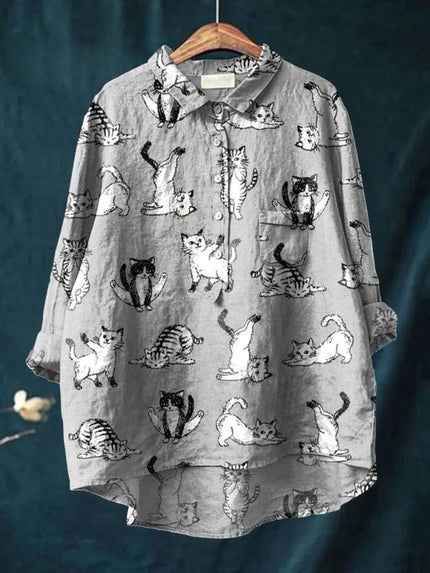 Chemise décontractée pour femme en coton et lin imprimée avec un motif de chat de yoga 