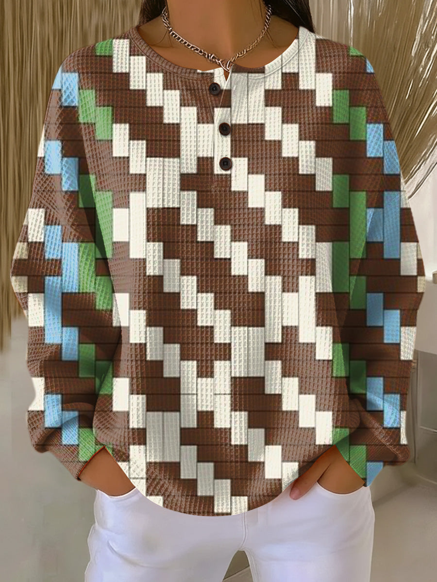 Women's Abstract Woven Check Painting Art Print Casual Cotton Sweatshirt