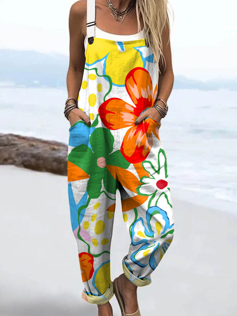 Women's Vintage Floral Pattern Art Print Casual 100% Cotton Wide Leg Jumpsuit