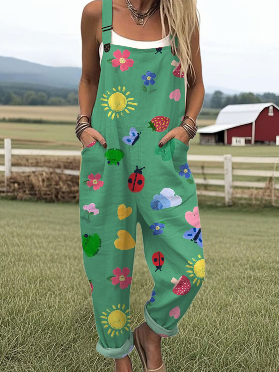 Women's Funny Insect Art Print Casual 100% Cotton Wide Leg Jumpsuit