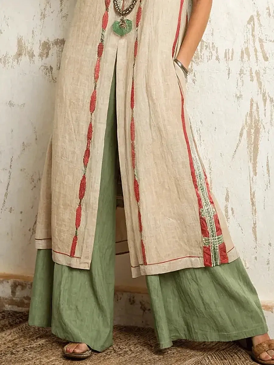 Women's Ethnic Comfortable Loose Sleeveless Top + Pants Cotton Linen Two-piece Set