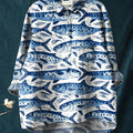 Women's School of Blue Fish Print Casual Cotton And Linen Shirt
