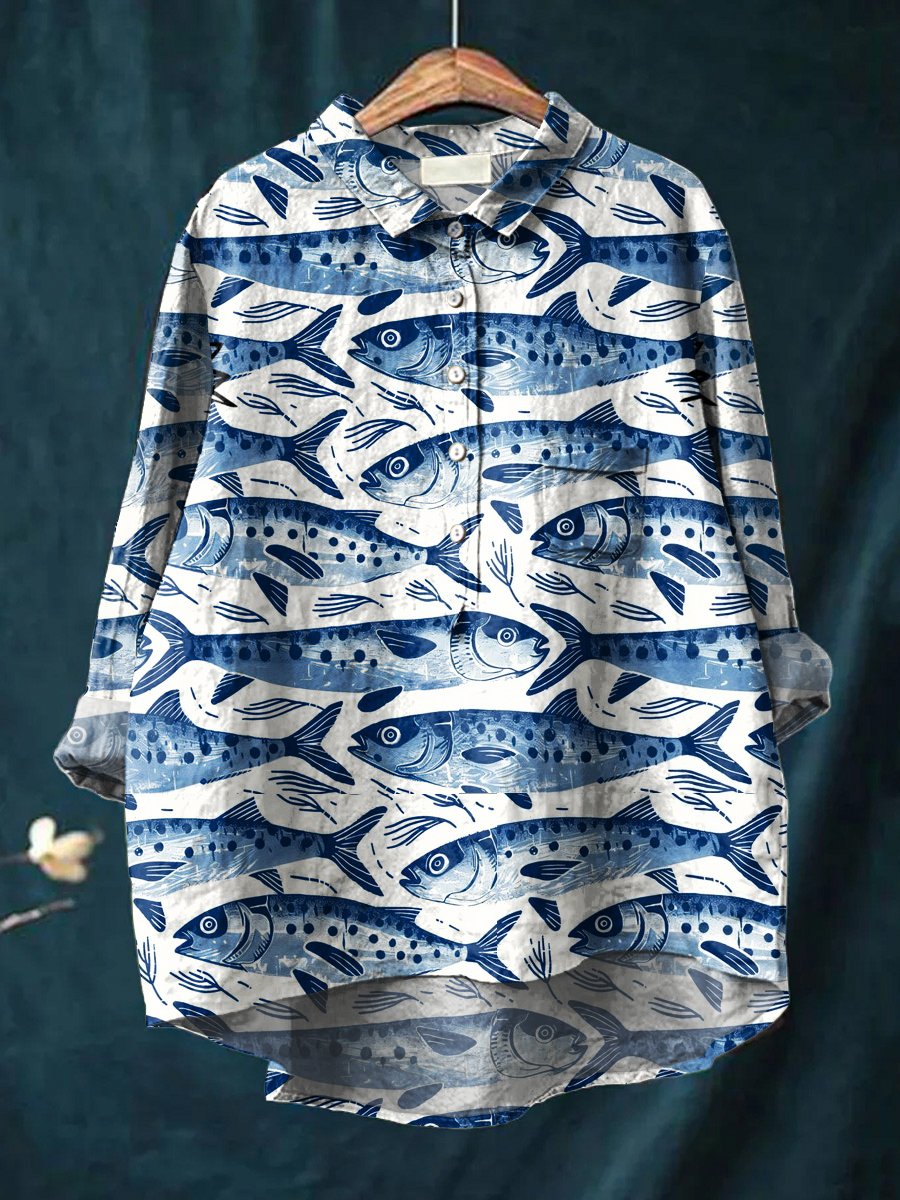 Women's School of Blue Fish Print Casual Cotton And Linen Shirt