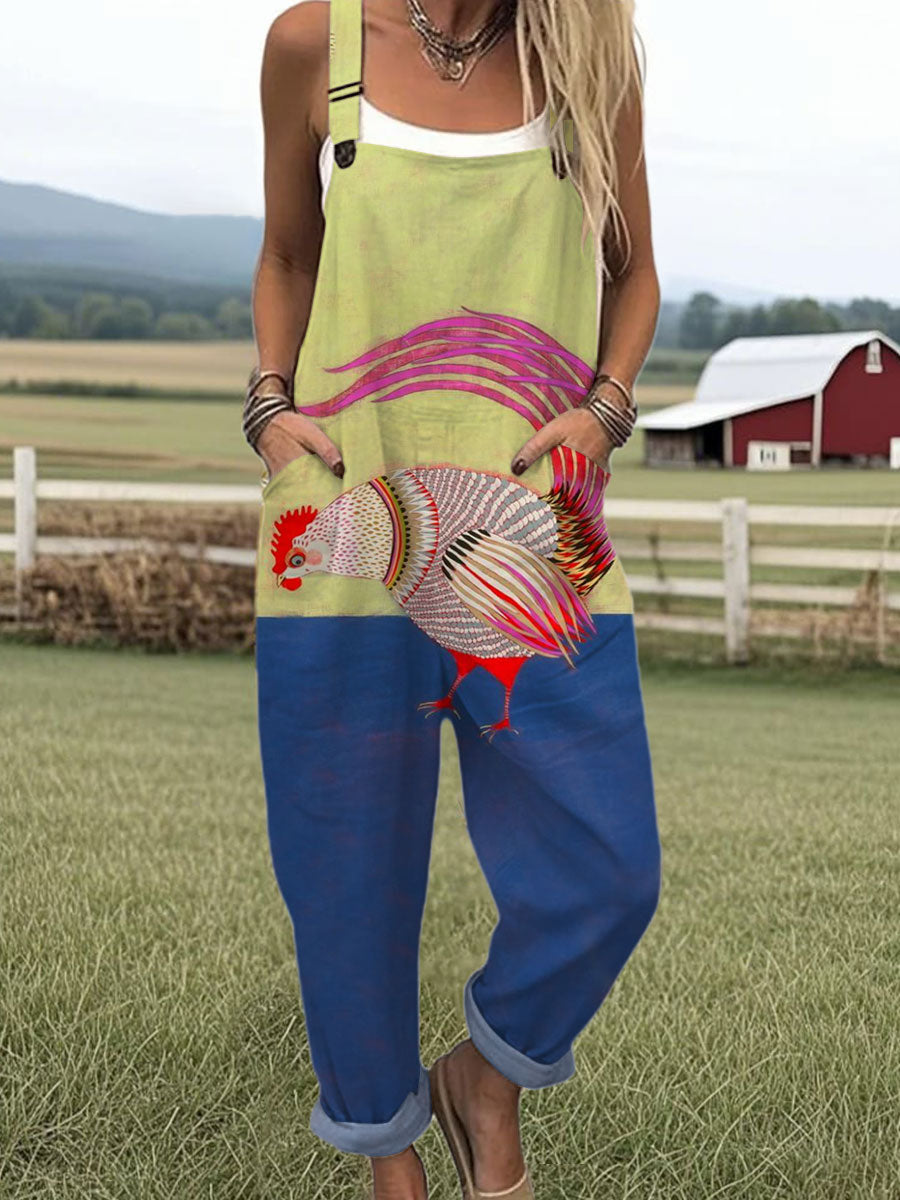 Women's  Funny Chicken Art Print Casual 100% Cotton Wide Leg Jumpsuit