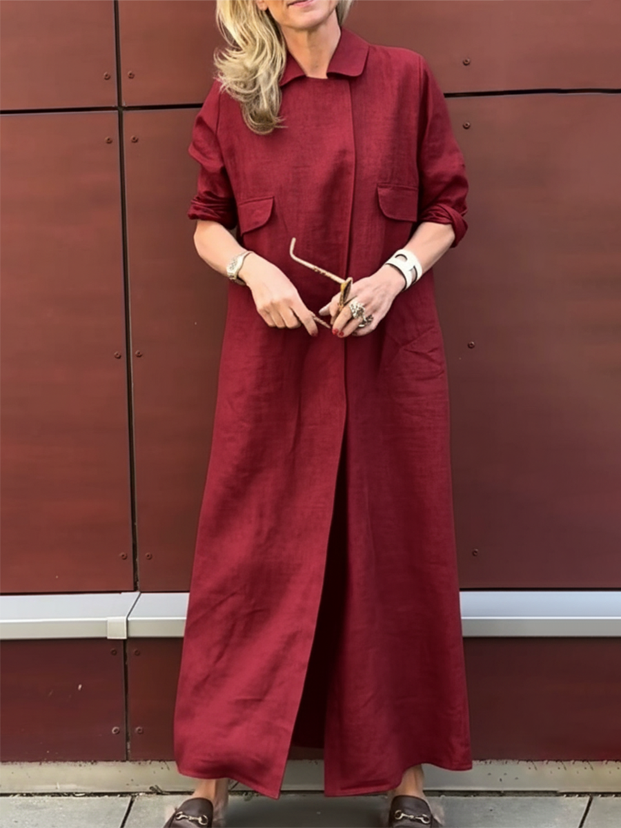 Women's Elegant Lapel Solid Color Cotton and Linen Dress