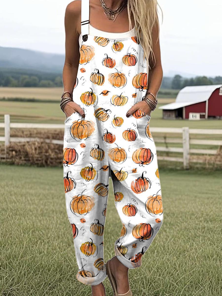 Women's Lovely Pumpkin Art Print Casual 100% Cotton Wide Leg Jumpsuit