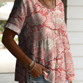 Women's Vintage Floral Pattern Casual Art Print Round Neck Cotton Linen Loose Short-sleeved Shirt