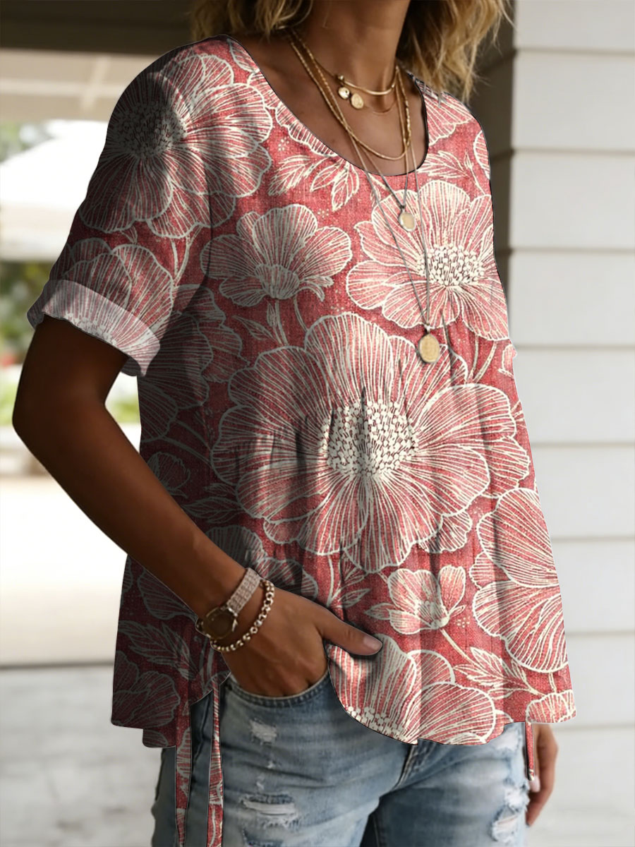 Women's Vintage Floral Pattern Casual Art Print Round Neck Cotton Linen Loose Short-sleeved Shirt