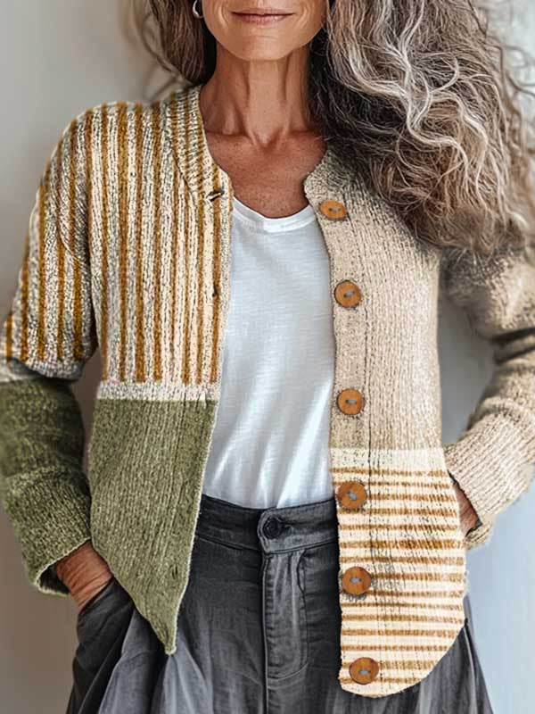 Women's Abstract Geometric Pattern Art Print Buttoned Cardigan Sweater