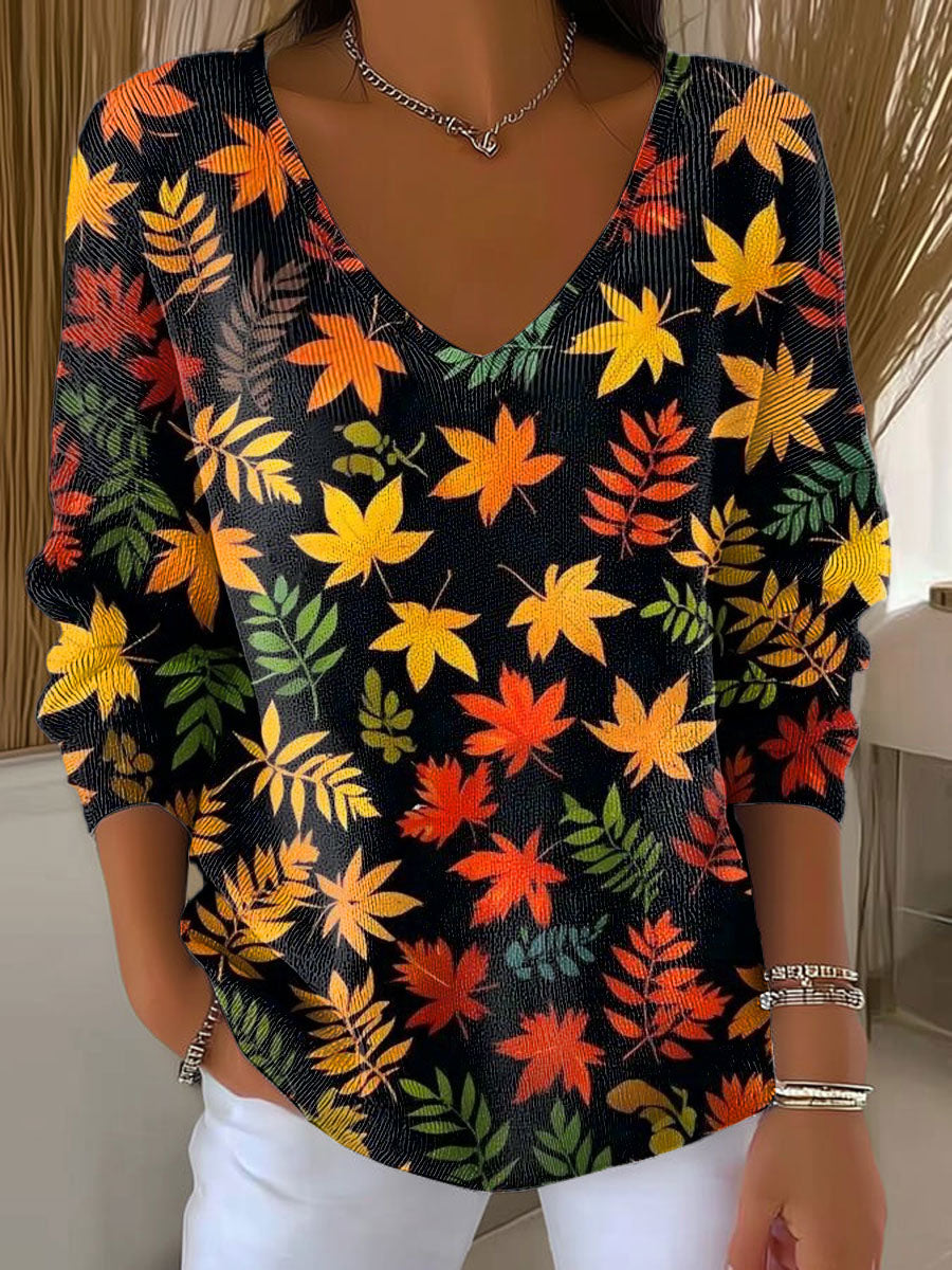 womens-autumn-leaves-orange-casual-print-pullover-sweater-75jn