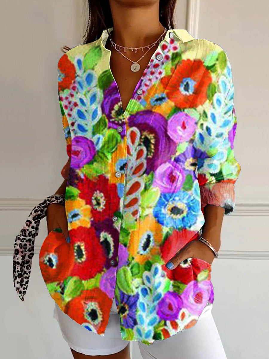 Women's  Flower  Art  Print Casual Cotton Shirt