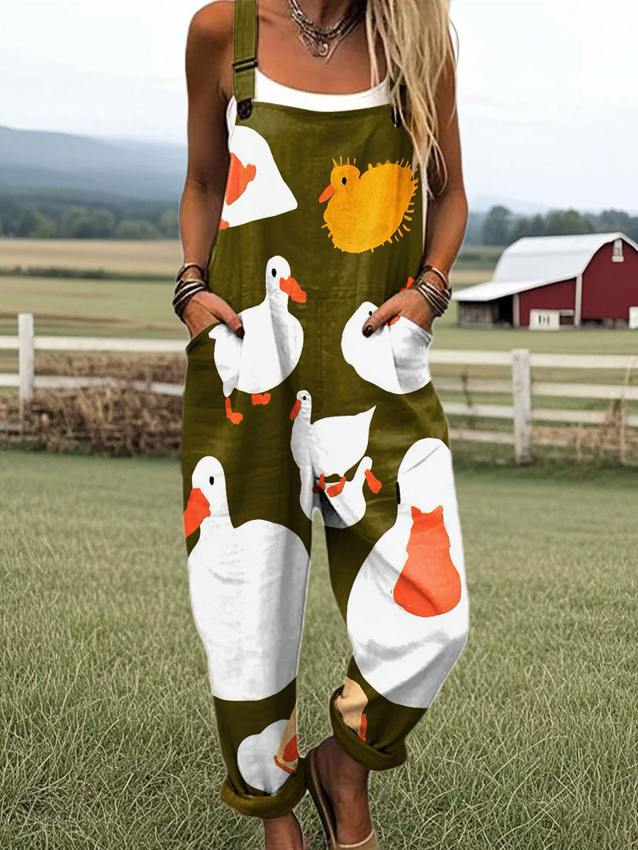 Women's Vintage Duckling Pattern Art Print Casual 100% Cotton Wide Leg Jumpsuit