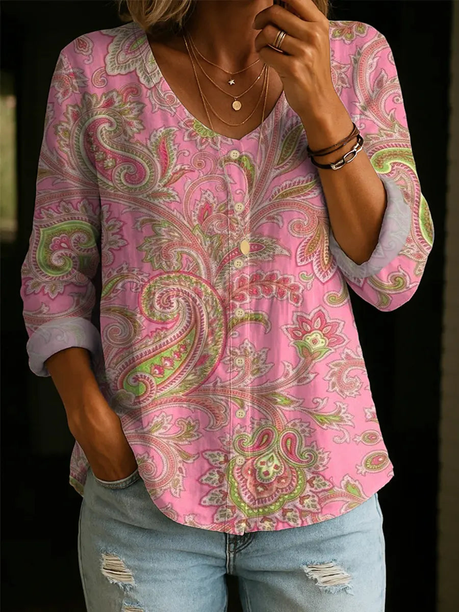 Women's Vintage Floral Pattern Art Print Casual Cotton Linen Shirt