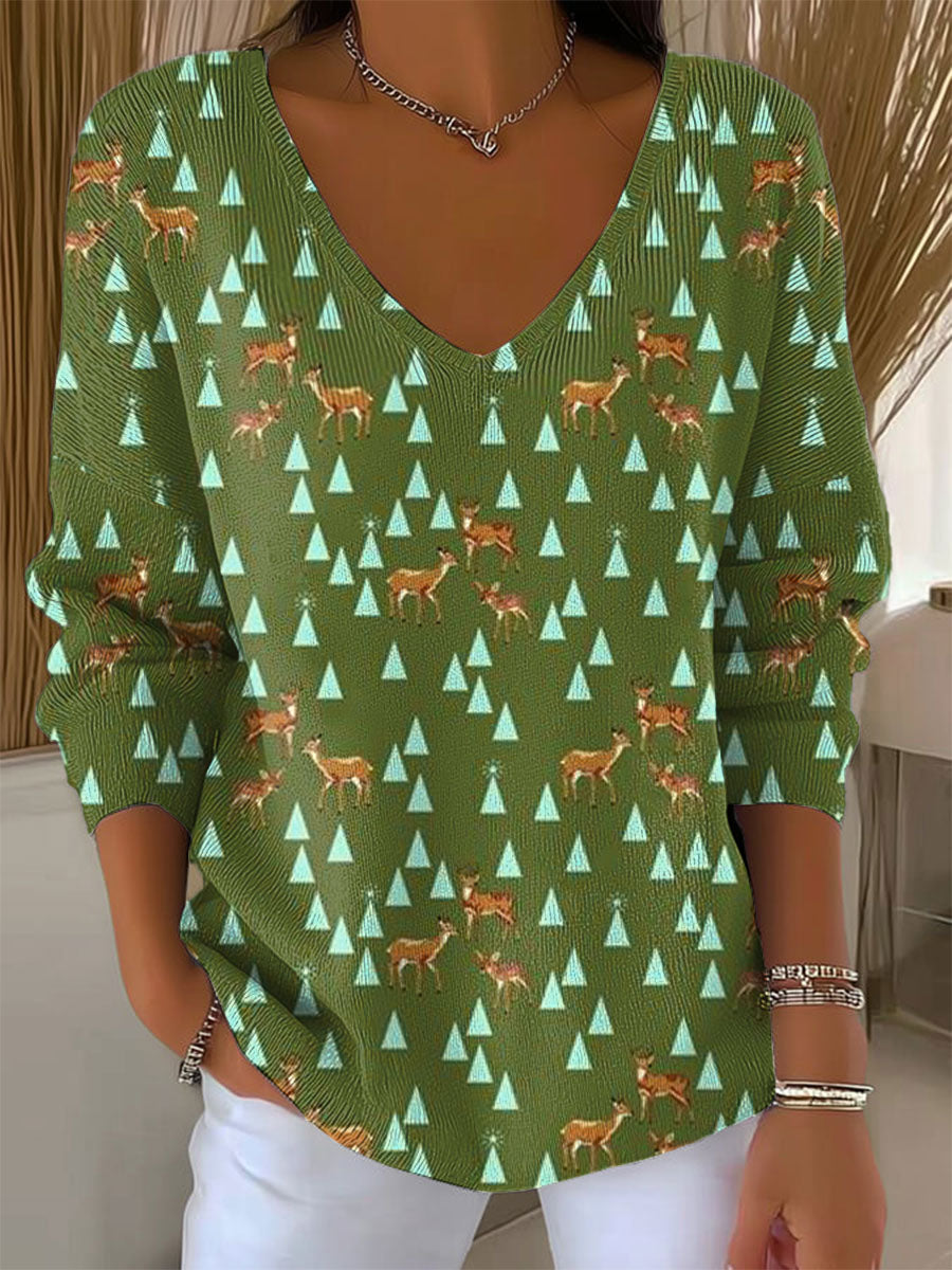 Women's Vintage Christmas Elk Art Print Casual Pullover Sweater