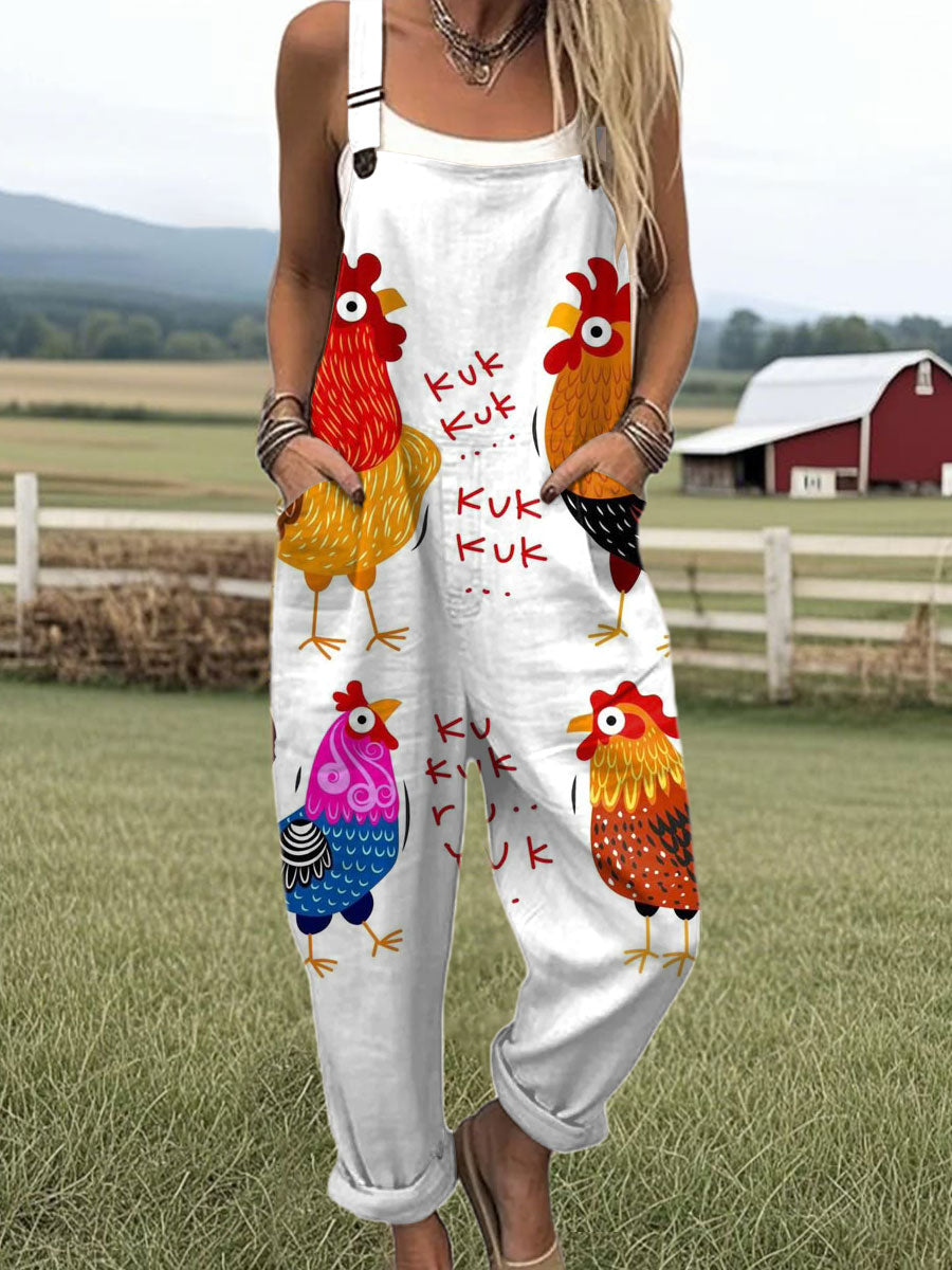 Women's  Funny Rooster Art Print Casual 100% Cotton Wide Leg Jumpsuit