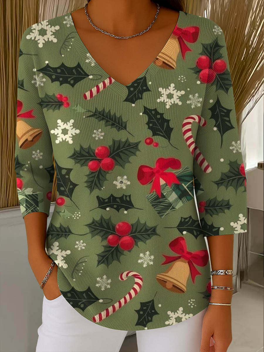 Women's Christmas Print V-Neck 3/4 Sleeve Casual Sweater