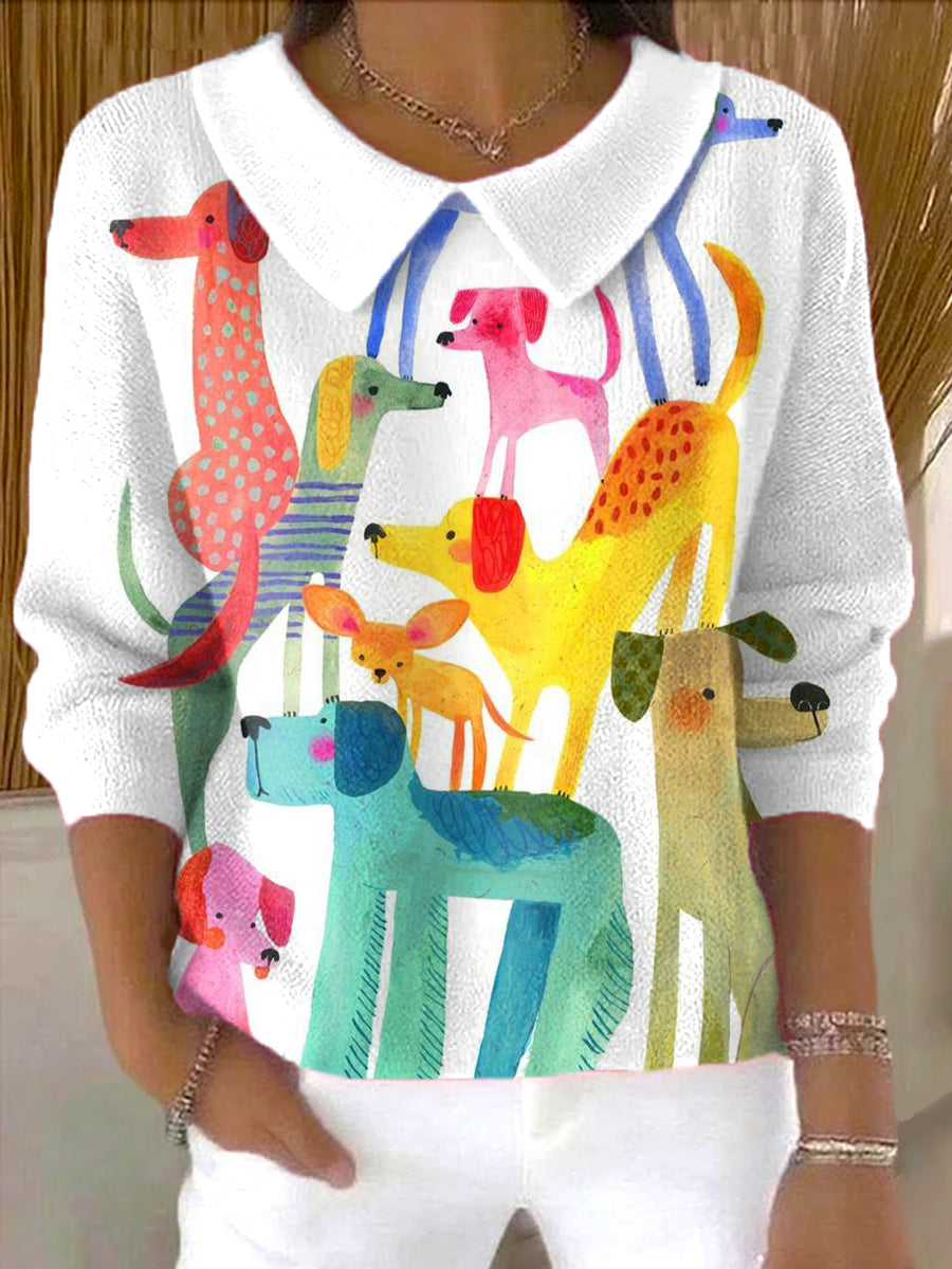 womens-beautiful-colorful-cute-dog-painting-art-print-casual-peter-pan-collar-3-4-sleeve-sweater