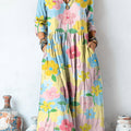 Women's Beautiful Colorful Large Flower Painting Art Print Linen Pocket Tunic Dress