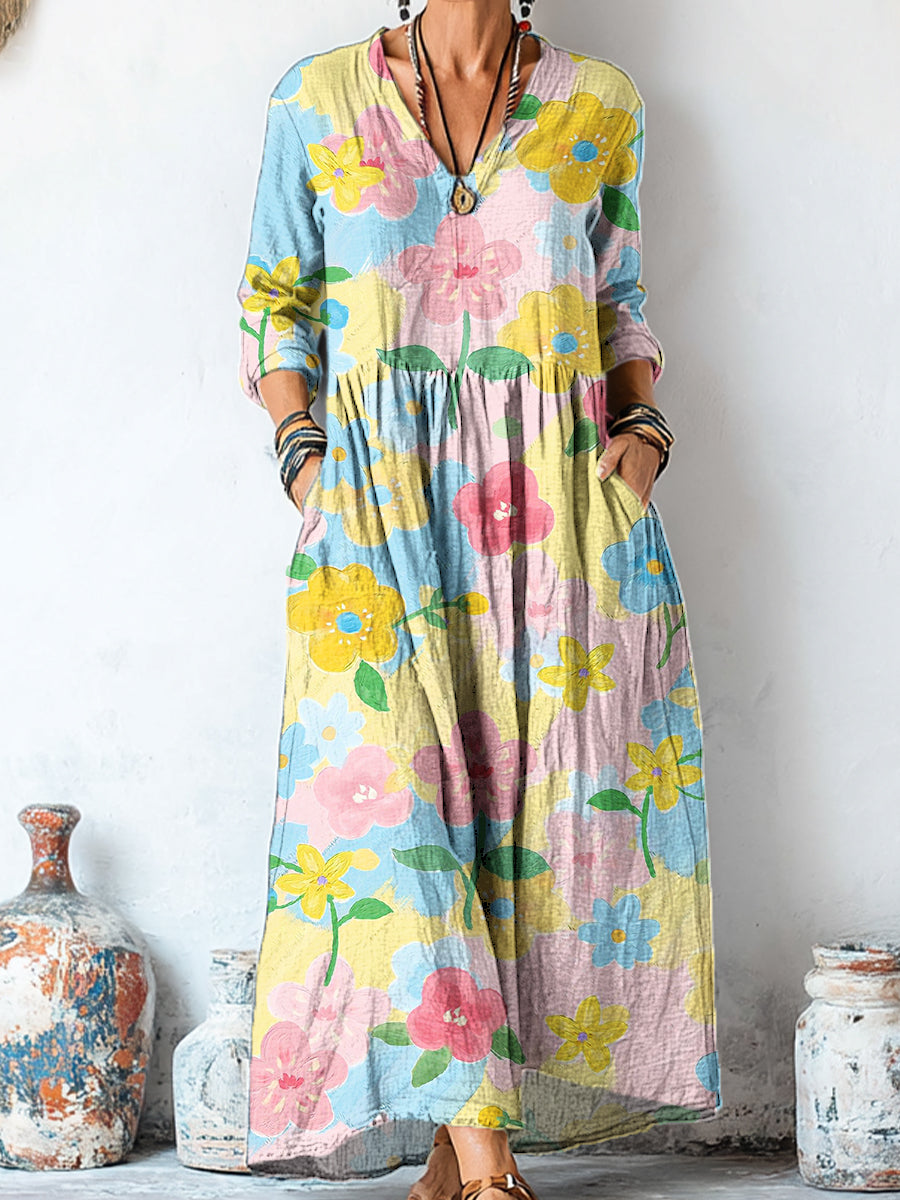 Women's Beautiful Colorful Large Flower Painting Art Print Linen Pocket Tunic Dress